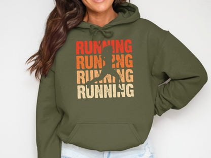 Green hoodie with "Running" text and a runner silhouette in red, orange, and yellow.