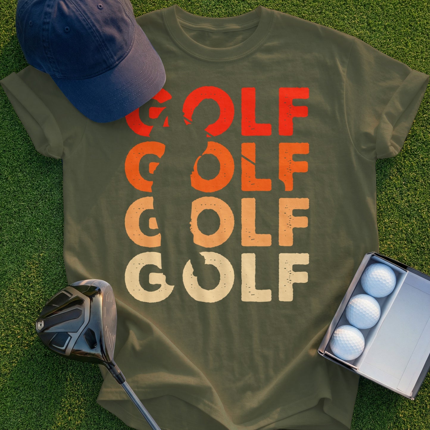 Olive t-shirt with "GOLF" in stacked, distressed lettering and golf accessories.