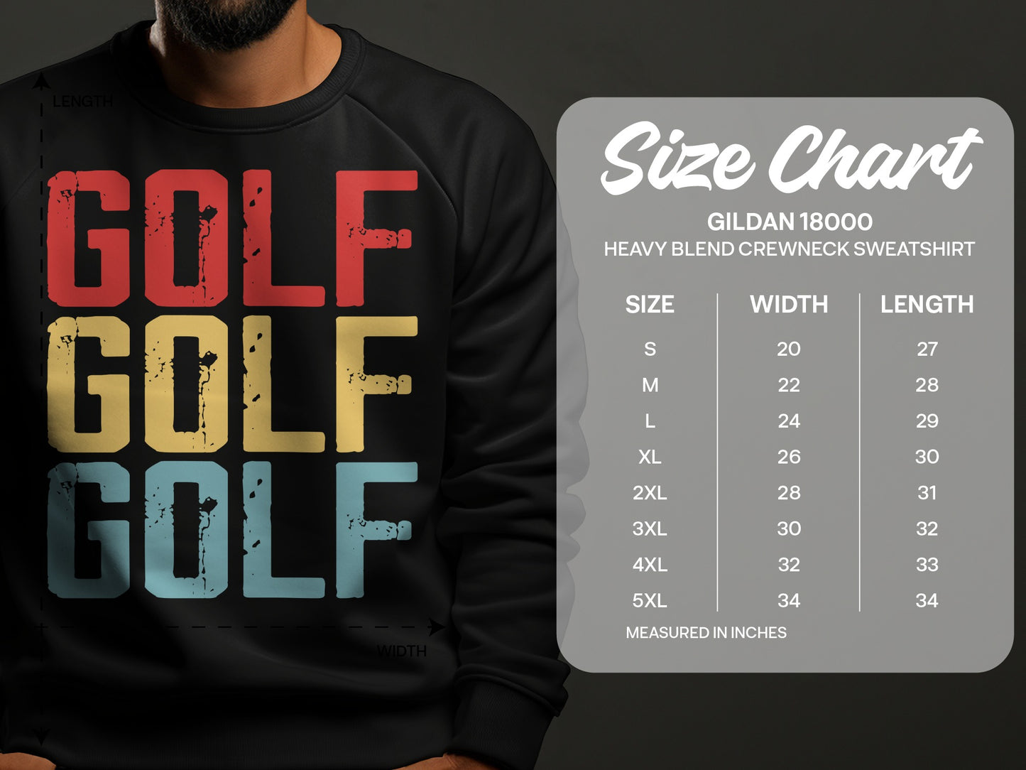 Gildan 18000 sweatshirt size chart with "GOLF" repeated vertically.