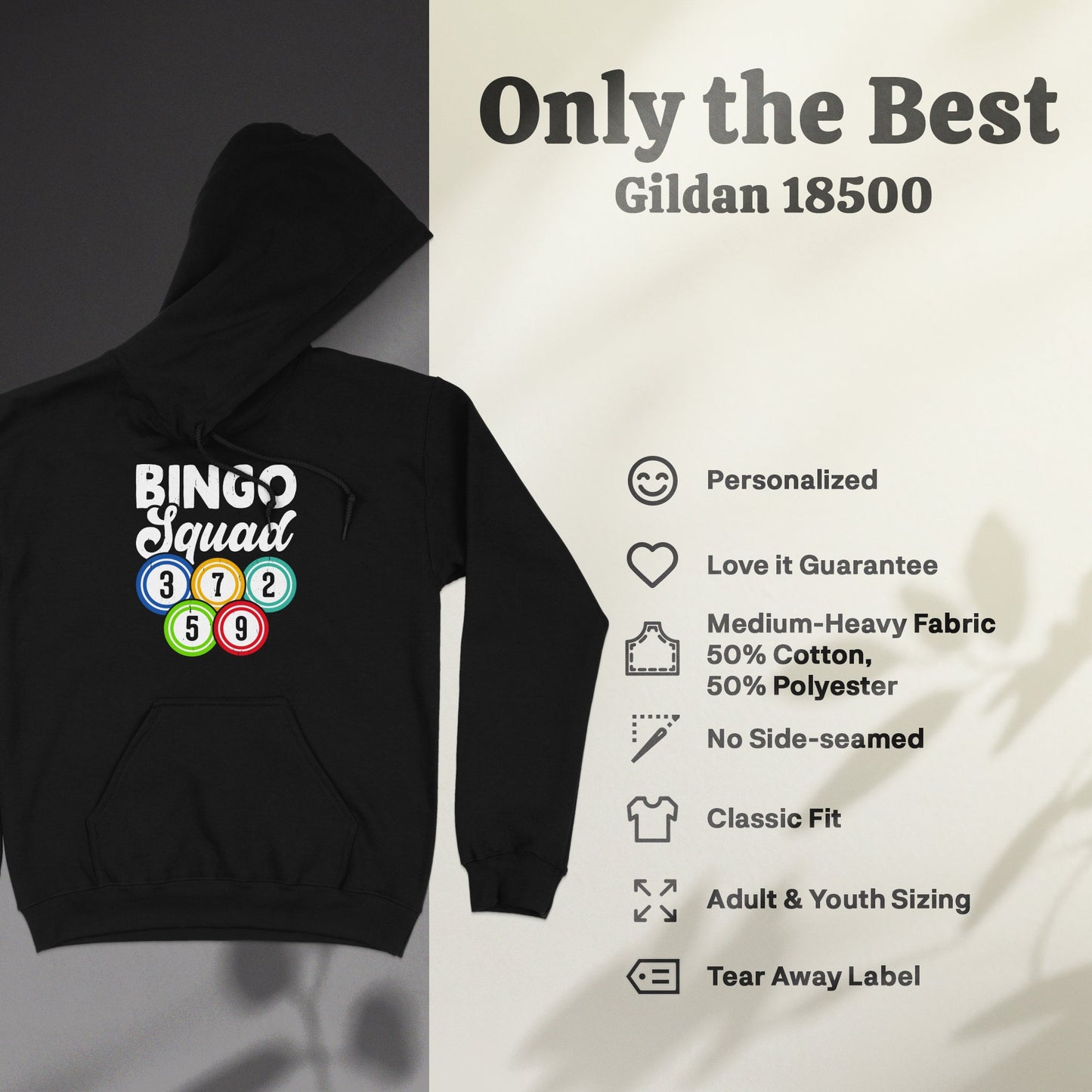 Gildan 18500 black hoodie with "BINGO Squad" graphic and product features.