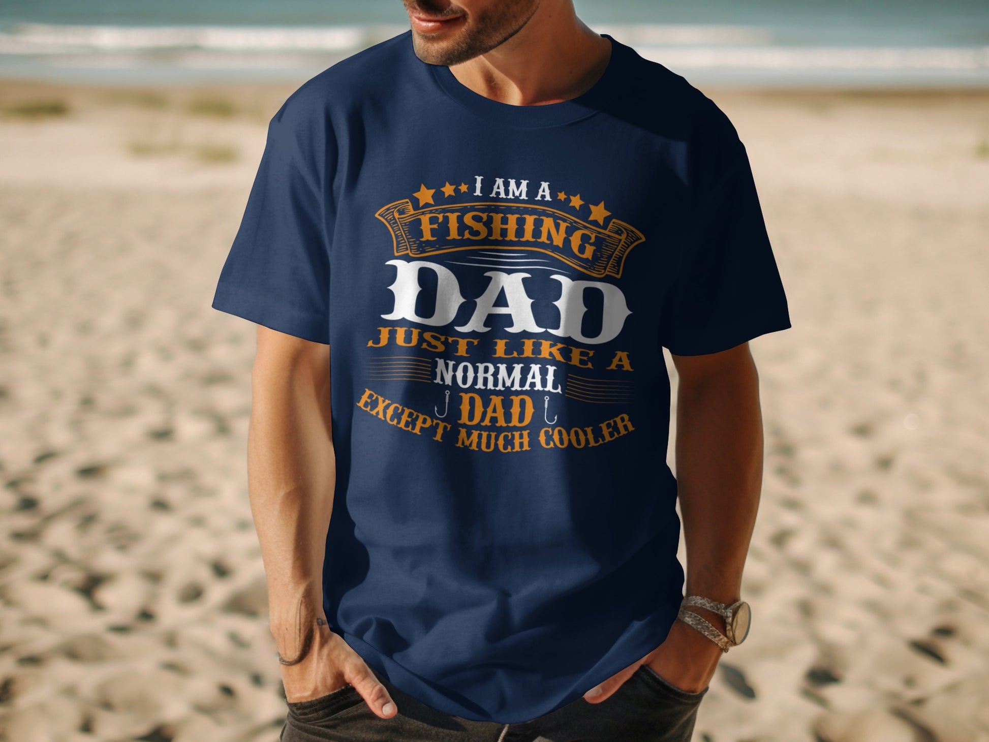 Navy t-shirt with "I am a fishing dad just like a normal dad except much cooler" text.