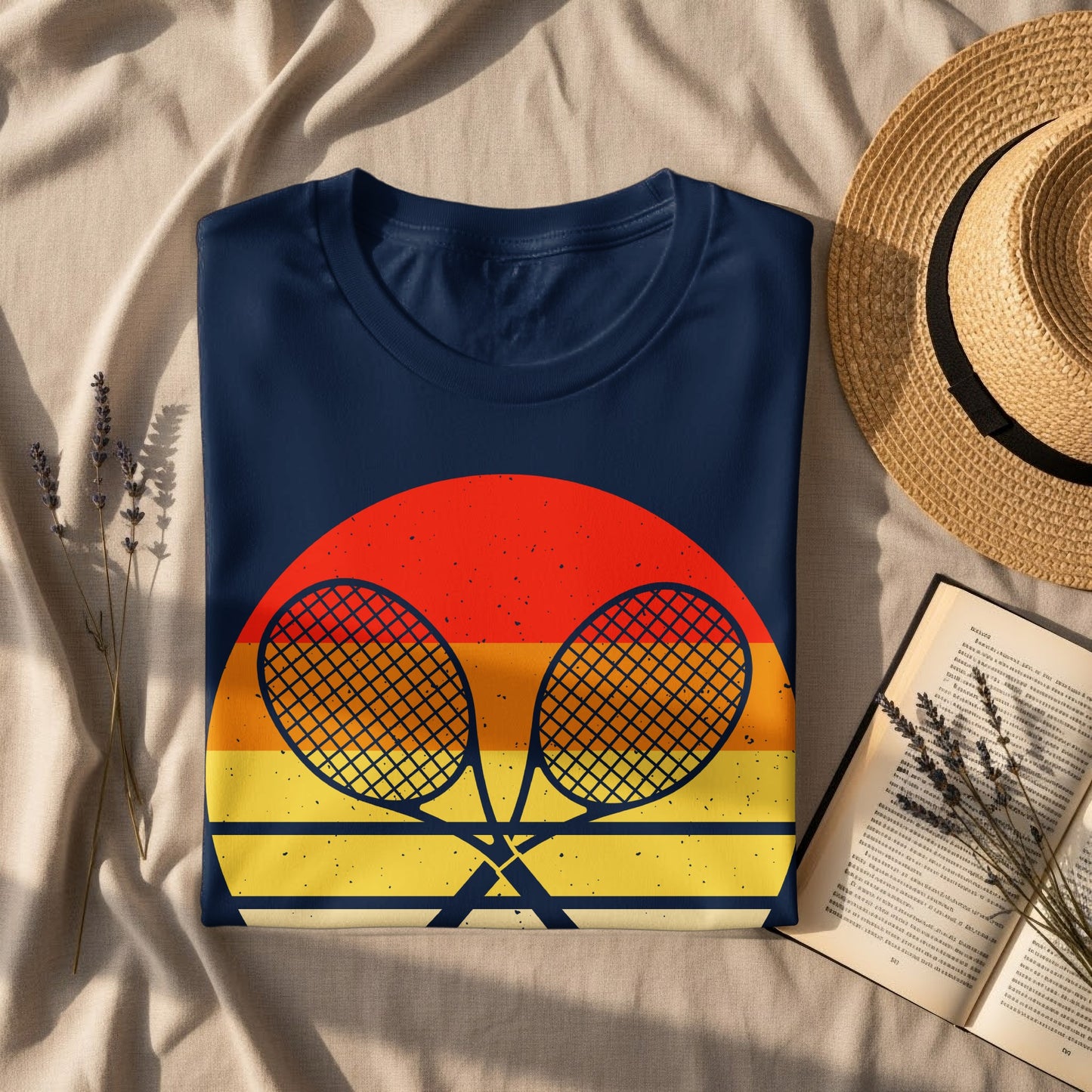Navy t-shirt with crossed tennis rackets and a retro sunset graphic.