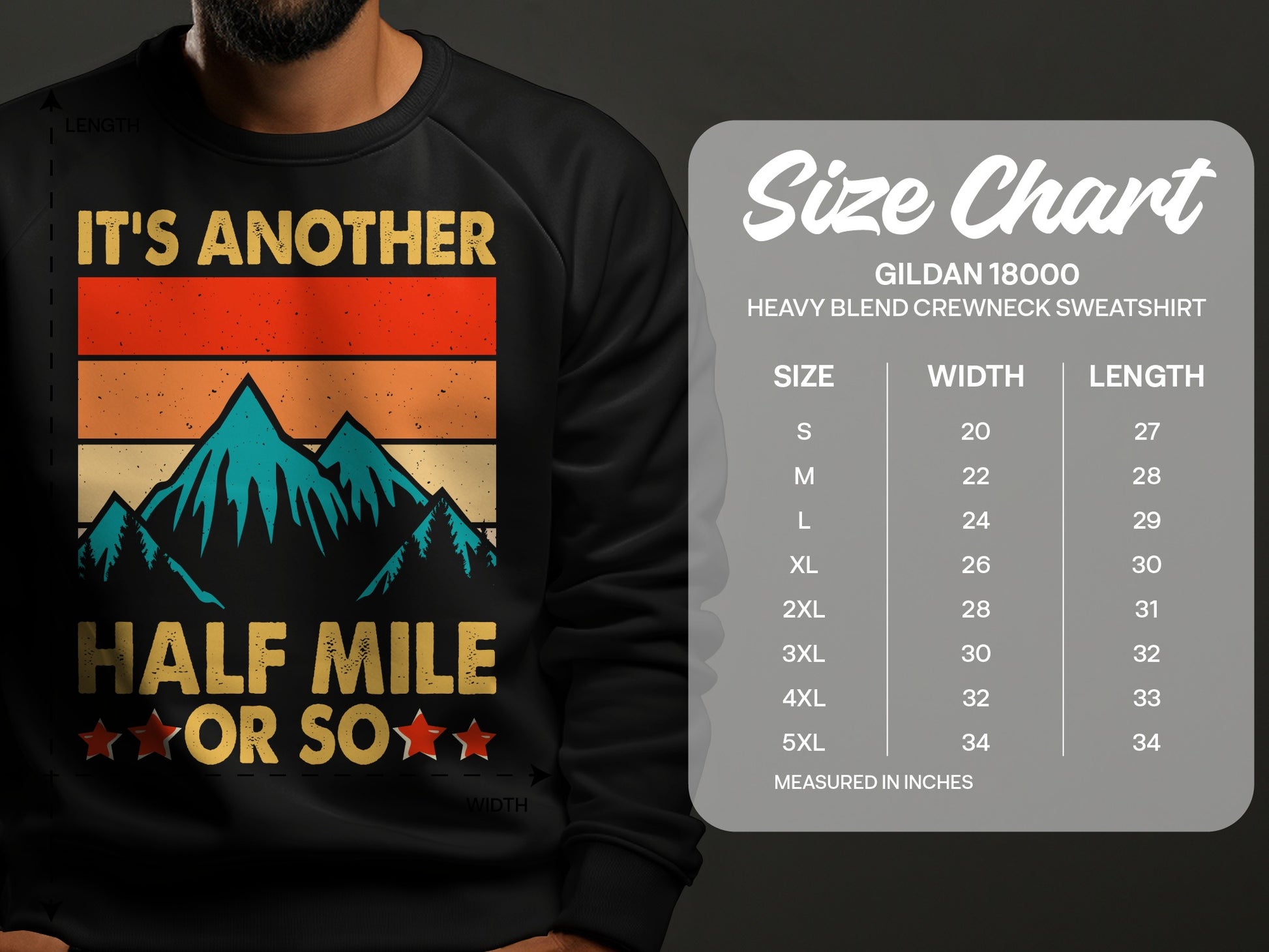 Black sweatshirt with mountain graphic and "It's Another Half Mile Or So" text.