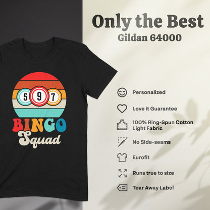 Black t-shirt with "BINGO Squad" and colorful bingo balls design.