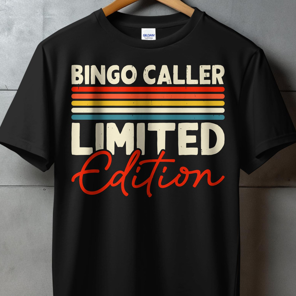 Black t-shirt with "BINGO CALLER LIMITED EDITION" text and retro stripes.