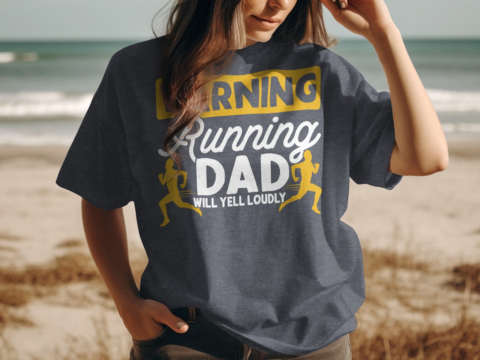 Dark grey t-shirt with "Learning Running Dad Will Yell Loudly" text and runners.