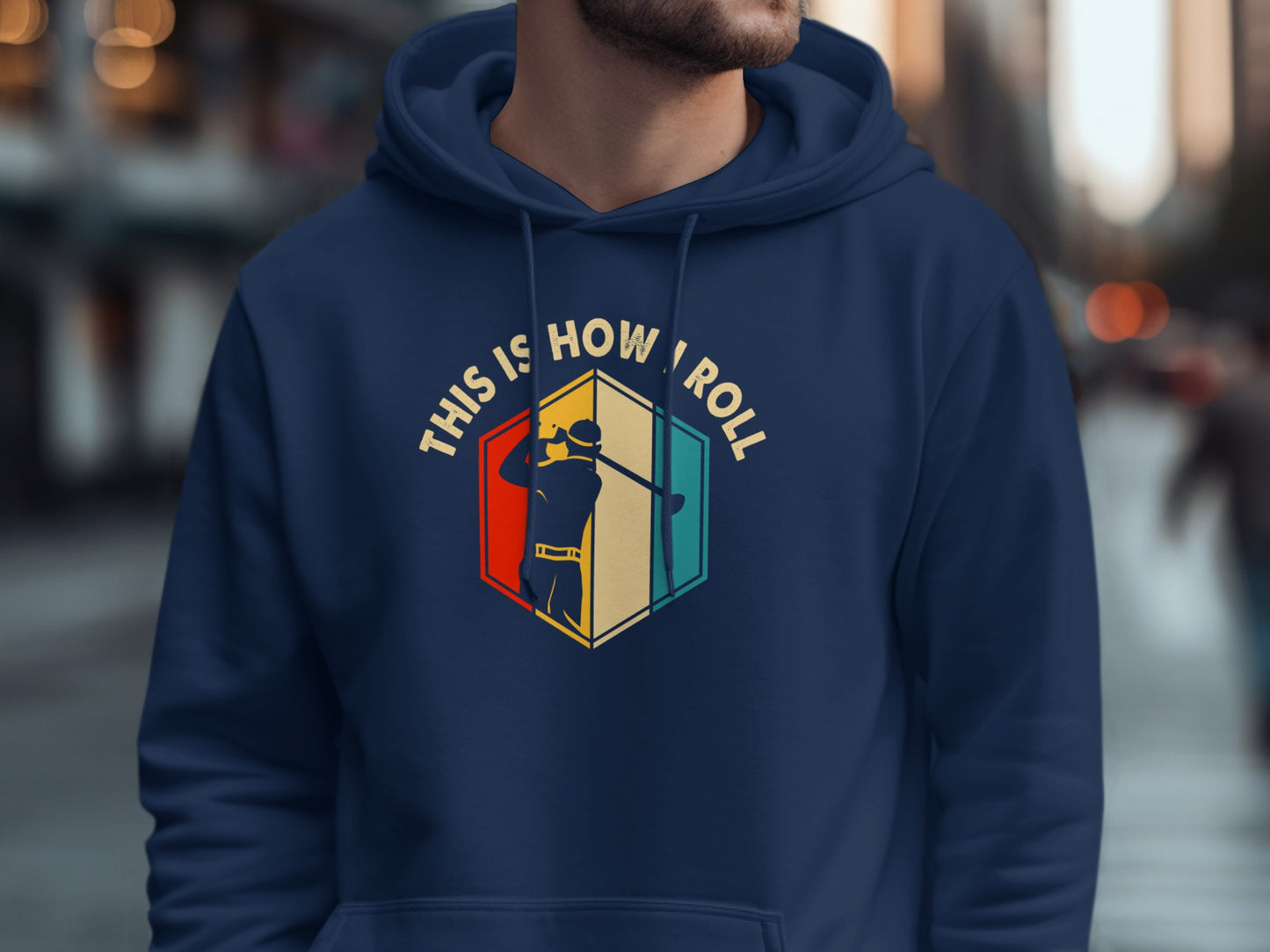 Navy hoodie with "This is How I Roll" text and a hexagon graphic.