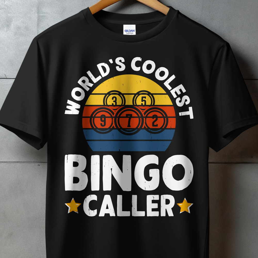 Black t-shirt with "World's Coolest Bingo Caller" text and bingo balls.