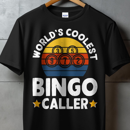 Black t-shirt with "World's Coolest Bingo Caller" text and bingo balls.