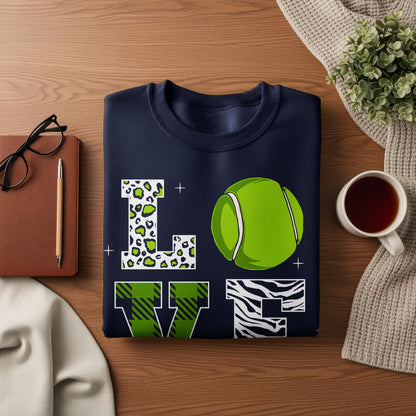 Navy sweatshirt with "LOVE" text in animal prints and a tennis ball graphic.