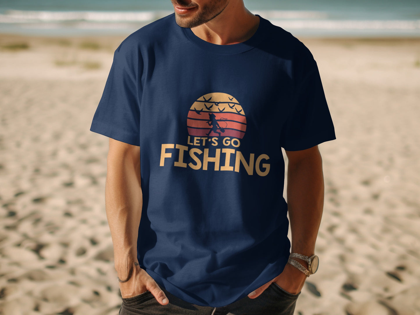 Navy blue t-shirt with "Let's Go Fishing" and sunset graphic.