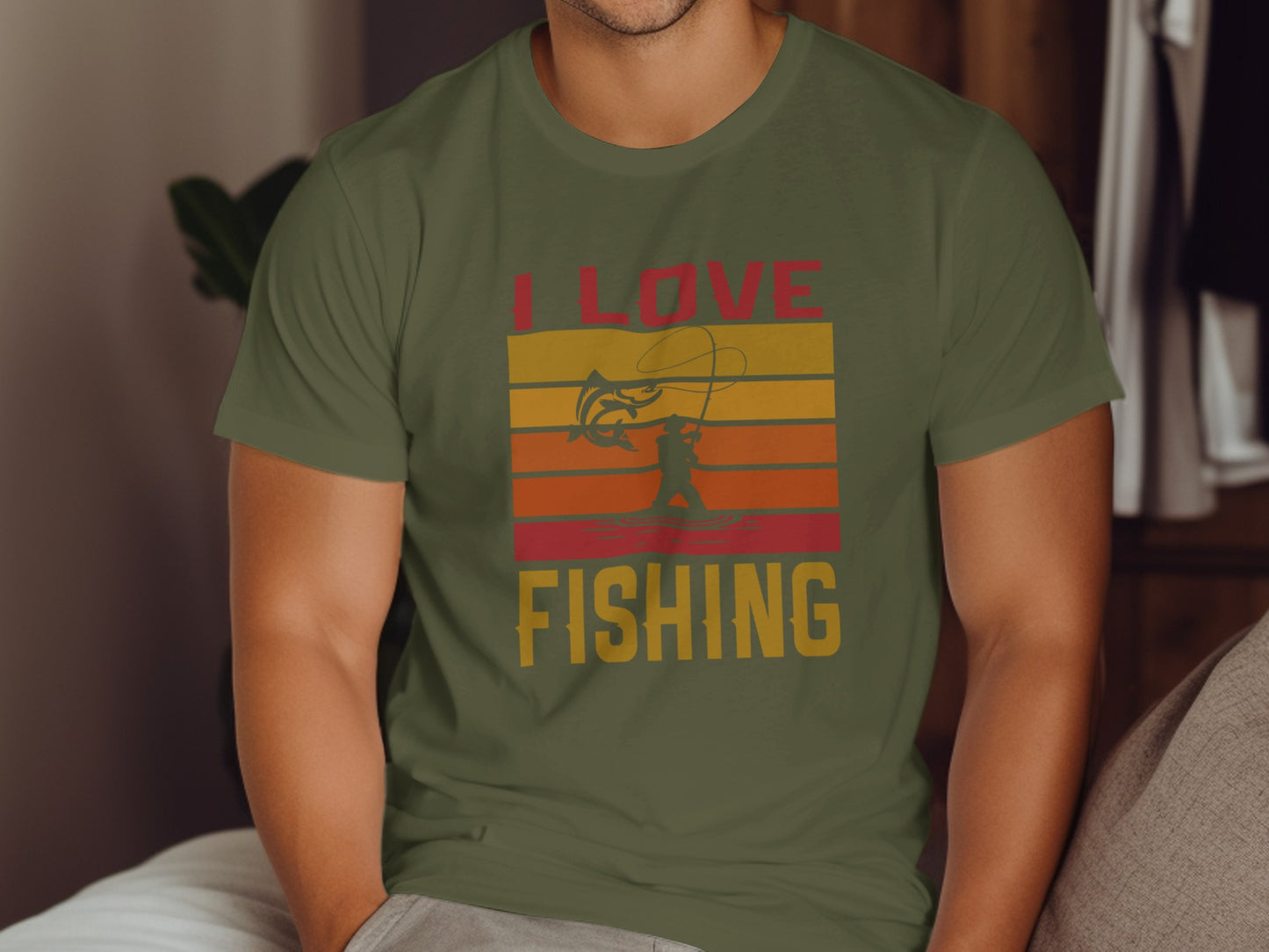 Olive green t-shirt with "I LOVE FISHING" text and a fishing graphic.