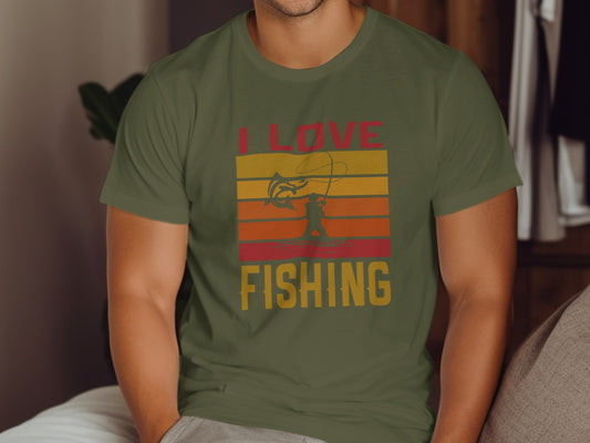 Olive green t-shirt with "I LOVE FISHING" text and a fishing graphic.