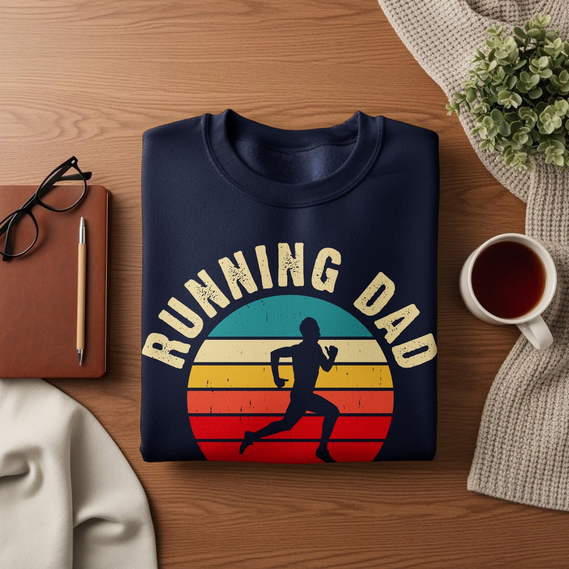 Navy sweatshirt with "Running Dad" text and silhouette of a runner.