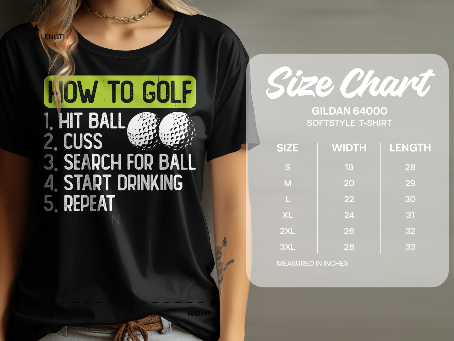 Black t-shirt with "How to Golf" list and Gildan 64000 size chart.