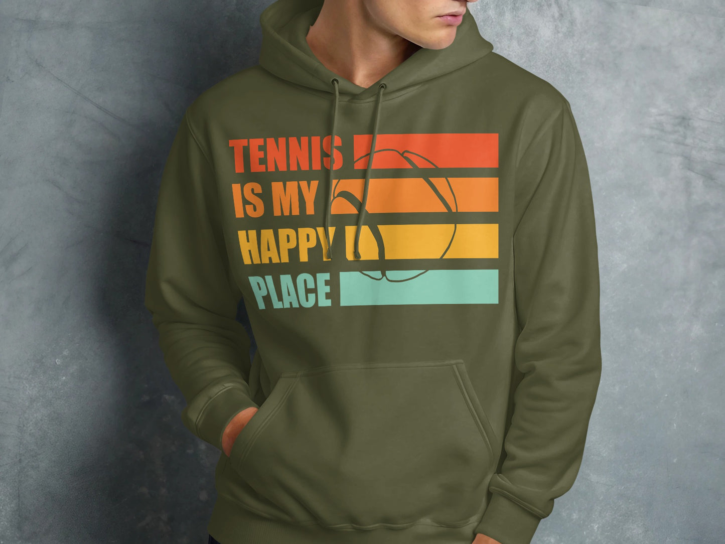 Olive green hoodie with "Tennis is my happy place" text and tennis ball graphic.