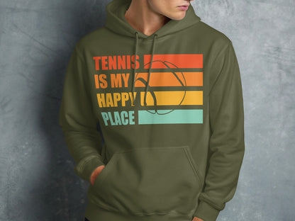 Olive green hoodie with "Tennis is my happy place" text and tennis ball graphic.
