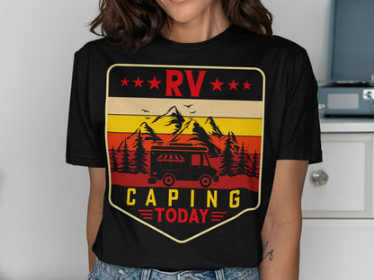 Black t-shirt with RV camping graphic featuring mountains, trees, and vintage camper.