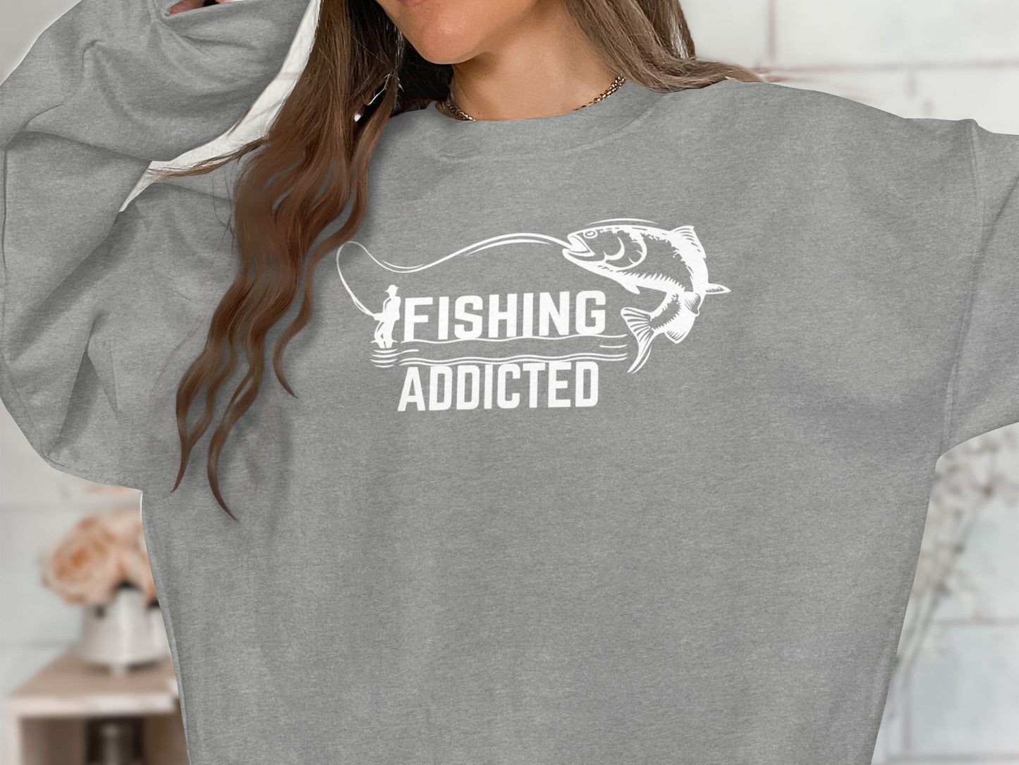 Gray sweatshirt with "FISHING ADDICTED" text and fish graphic.