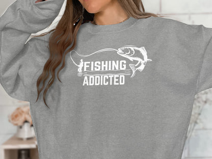 Gray sweatshirt with "FISHING ADDICTED" text and fish graphic.