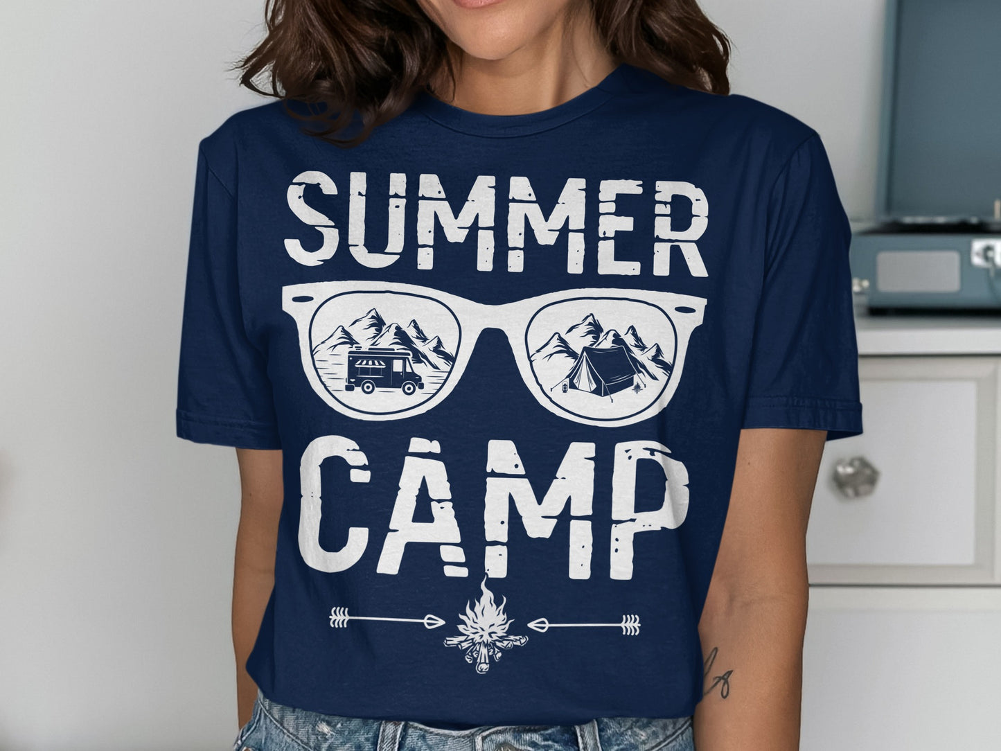 Navy t-shirt with "SUMMER CAMP" text and sunglasses reflecting a camping scene.