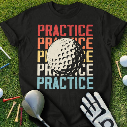 Black t-shirt with vintage "Practice" text and golf ball graphic.