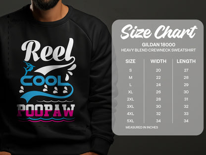 Gildan 18000 sweatshirt size chart with measurements for width and length.