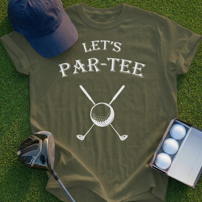 Olive t-shirt with "Let's Par-Tee" text, crossed clubs, golf ball, and cap.
