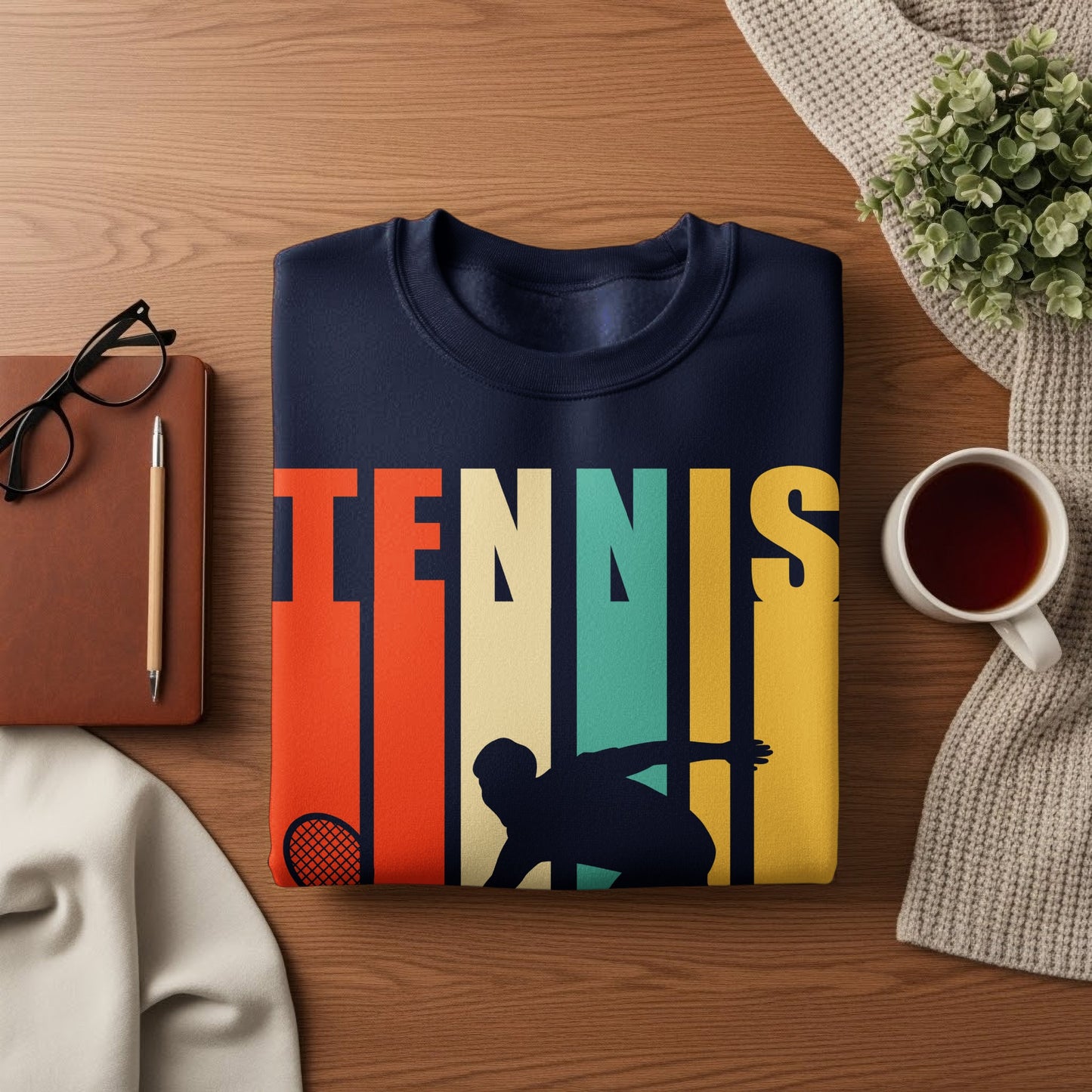 Navy blue sweatshirt with "TENNIS" text and silhouette of a tennis player.