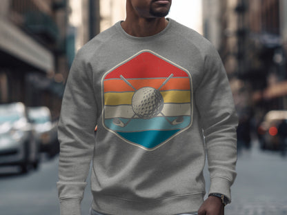 Gray sweatshirt with a vintage golf graphic of a golf ball and clubs.