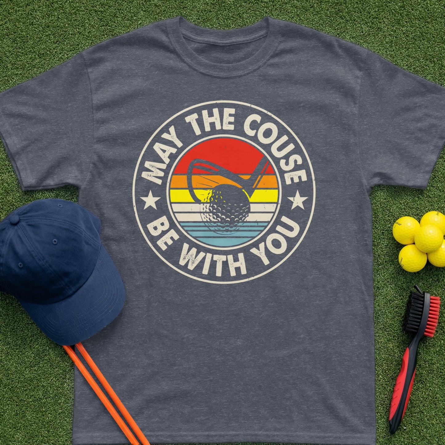 T-shirt with "May the couse be with you" golf-themed graphic.