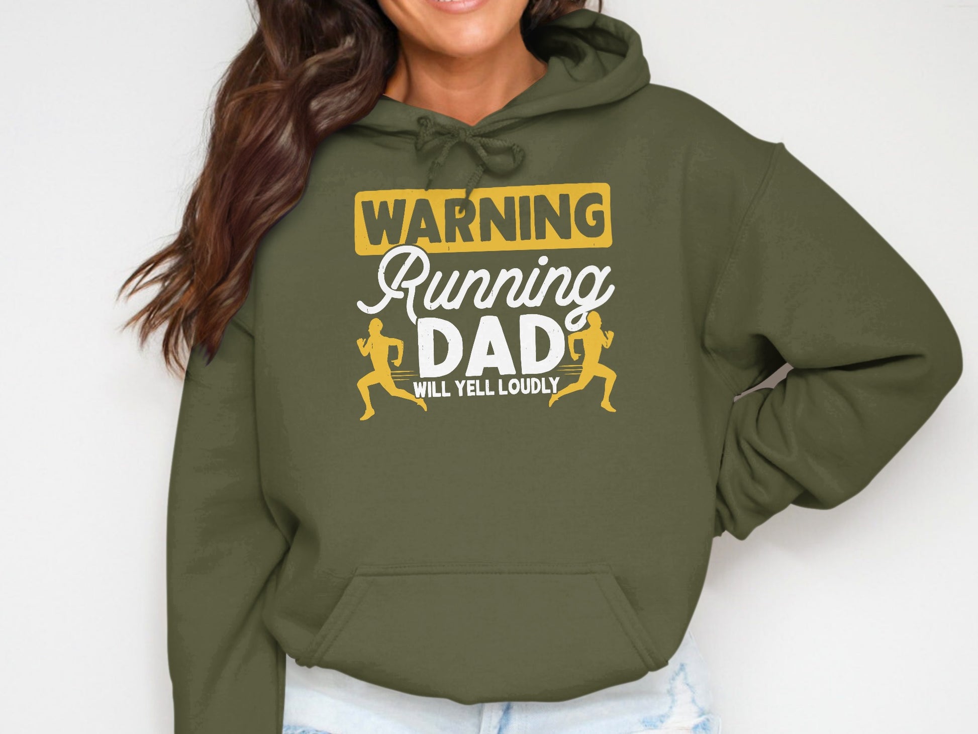 Olive green hoodie with yellow text: WARNING RUNNING DAD WILL YELL LOUDLY.