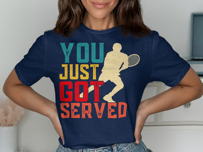 Navy t-shirt with "YOU JUST GOT SERVED" text and tennis player graphic.