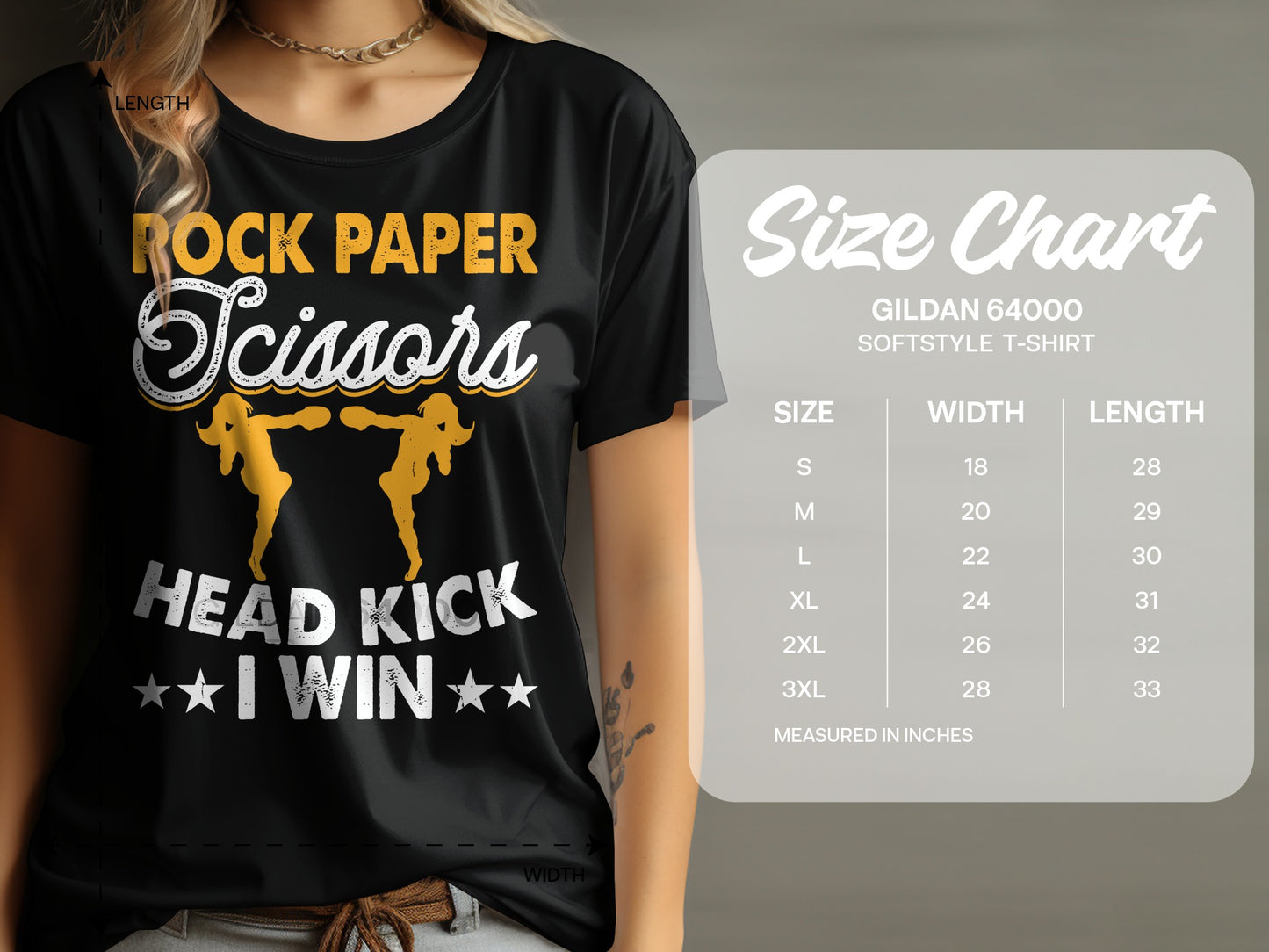 Black t-shirt with "Rock Paper Scissors Head Kick I Win" graphic and size chart.