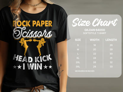 Black t-shirt with "Rock Paper Scissors Head Kick I Win" graphic and size chart.