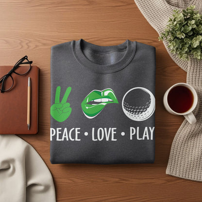 Dark gray sweatshirt with "Peace Love Play" text and golf icons.