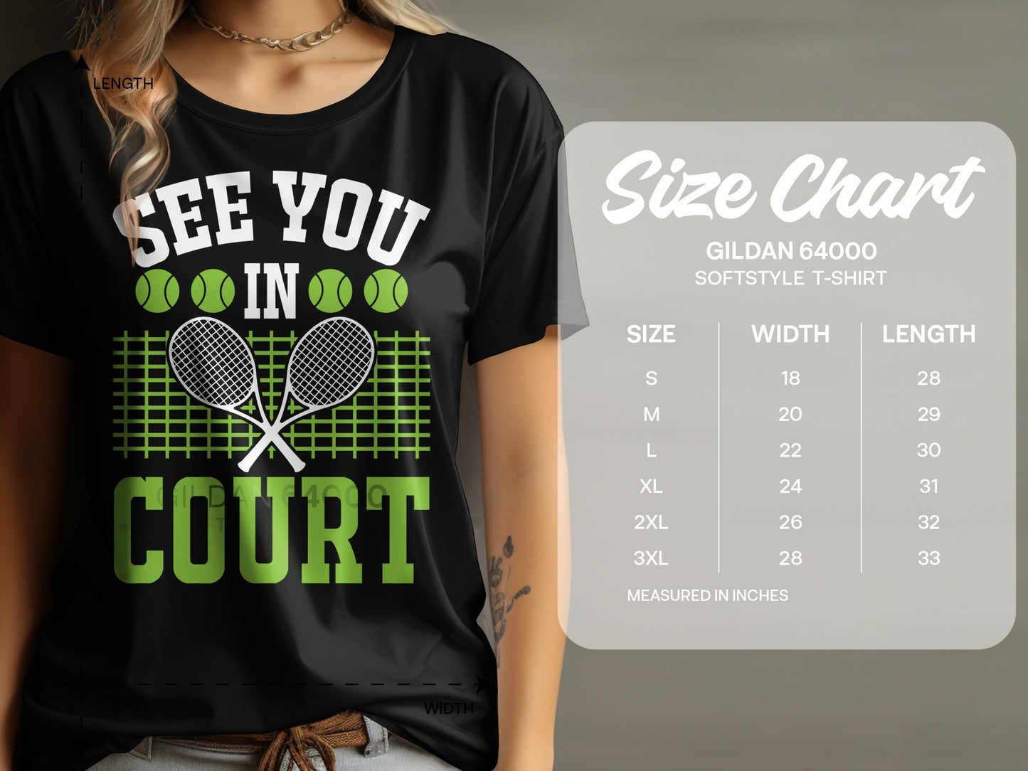 T-shirt with "See you in court" text and tennis rackets, with a size chart.