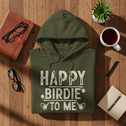 Olive green hoodie with "HAPPY BIRDIE TO ME" text and golf clubs.