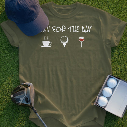 Green t-shirt with "PLAN FOR THE DAY" and coffee, golf, wine icons.
