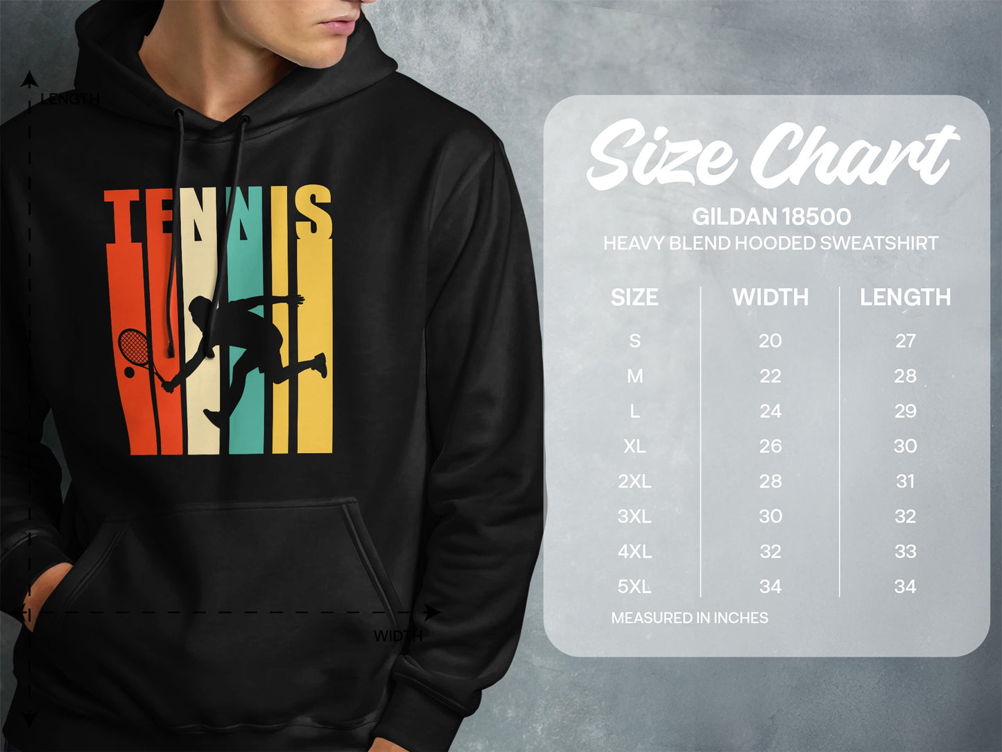 T-shirt with "Tennis" graphic and size chart for Gildan 18500 sweatshirt.