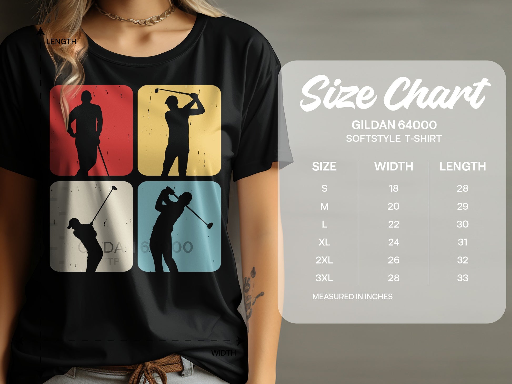 T-shirt size chart with golfer silhouettes and product details.