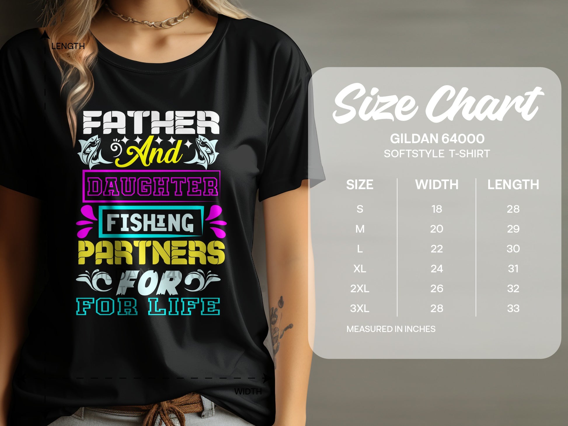 T-shirt with "Father and Daughter Fishing Partners for Life" graphic and size chart.