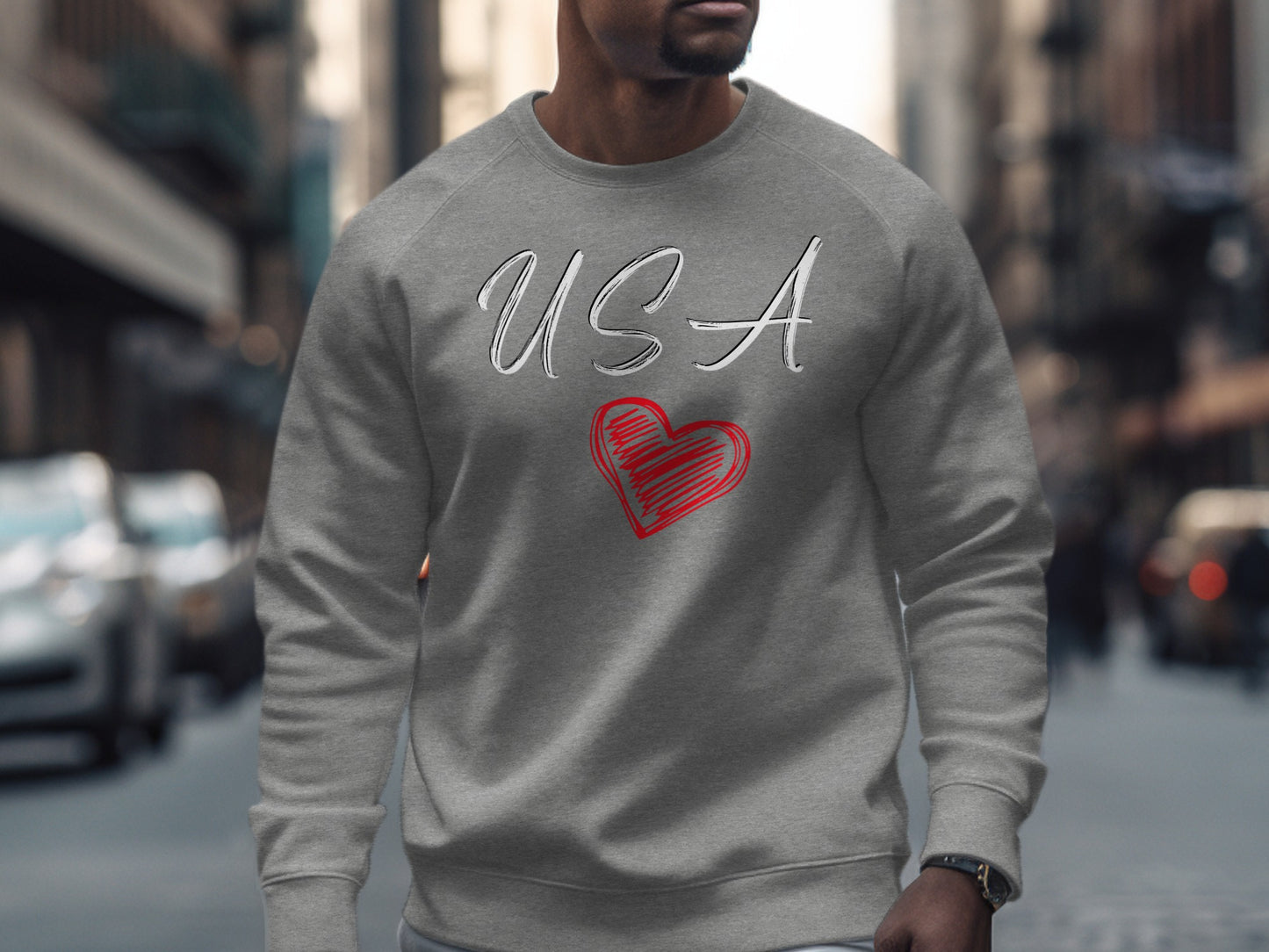 Grey Sweatshirt with USA and Red Heart Design