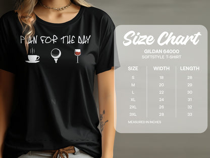 Black t-shirt with "PLAN FOR THE DAY" text, coffee, golf ball, and wine glass icons.