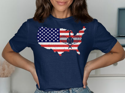 Navy t-shirt with American flag map and crossed tennis rackets.