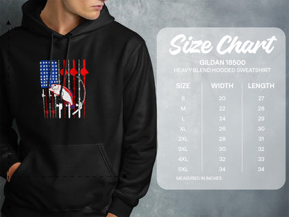 Gildan 18500 hooded sweatshirt size chart with American flag fishing graphic.