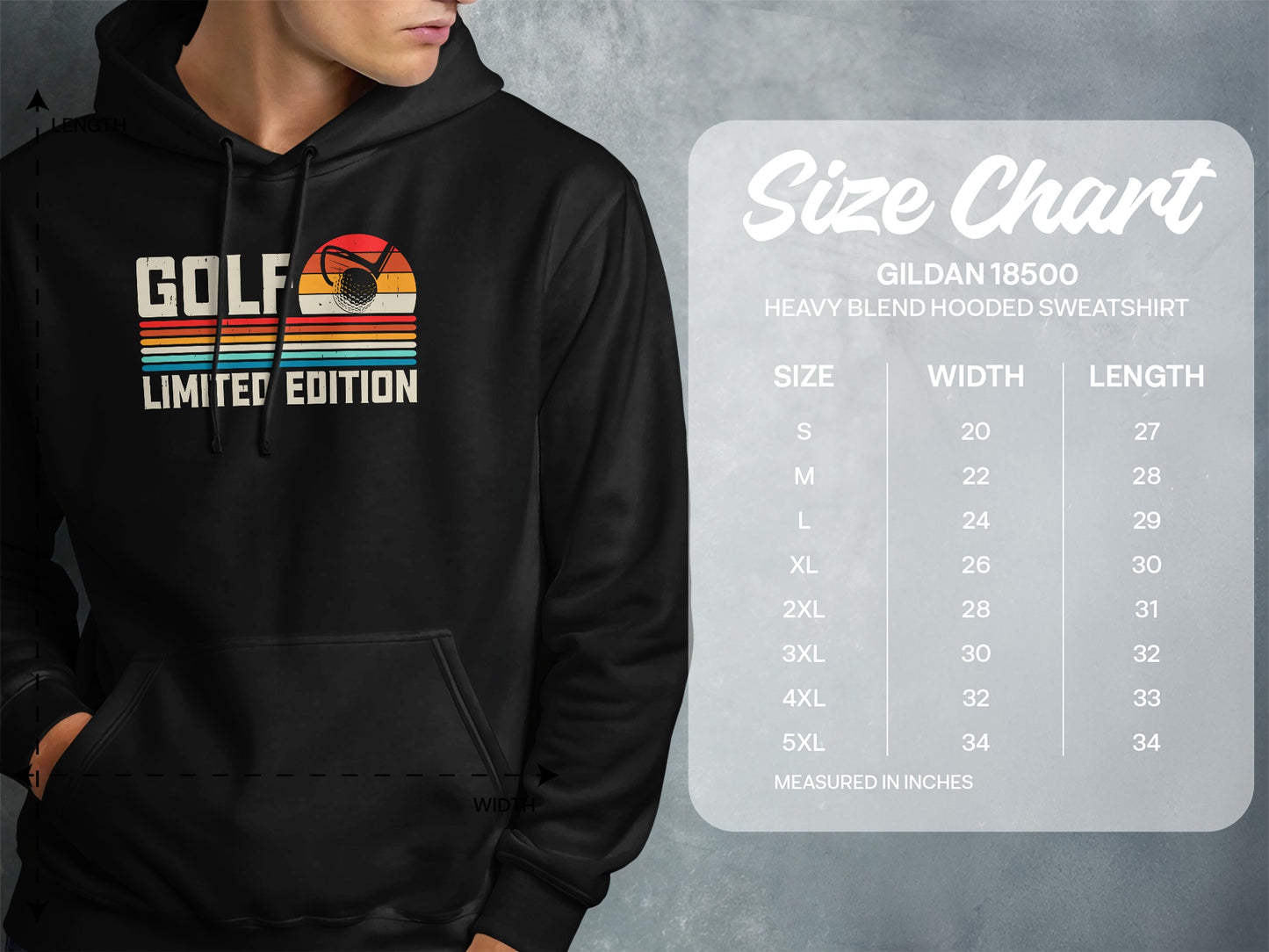 Gildan 18500 hooded sweatshirt size chart with "GOLF LIMITED EDITION" graphic.