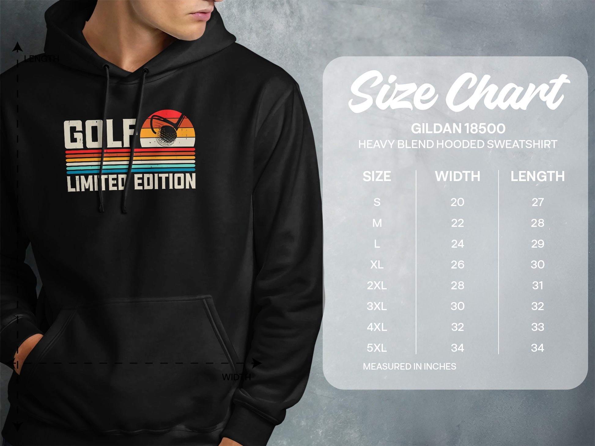 Gildan 18500 hooded sweatshirt size chart with "GOLF LIMITED EDITION" graphic.