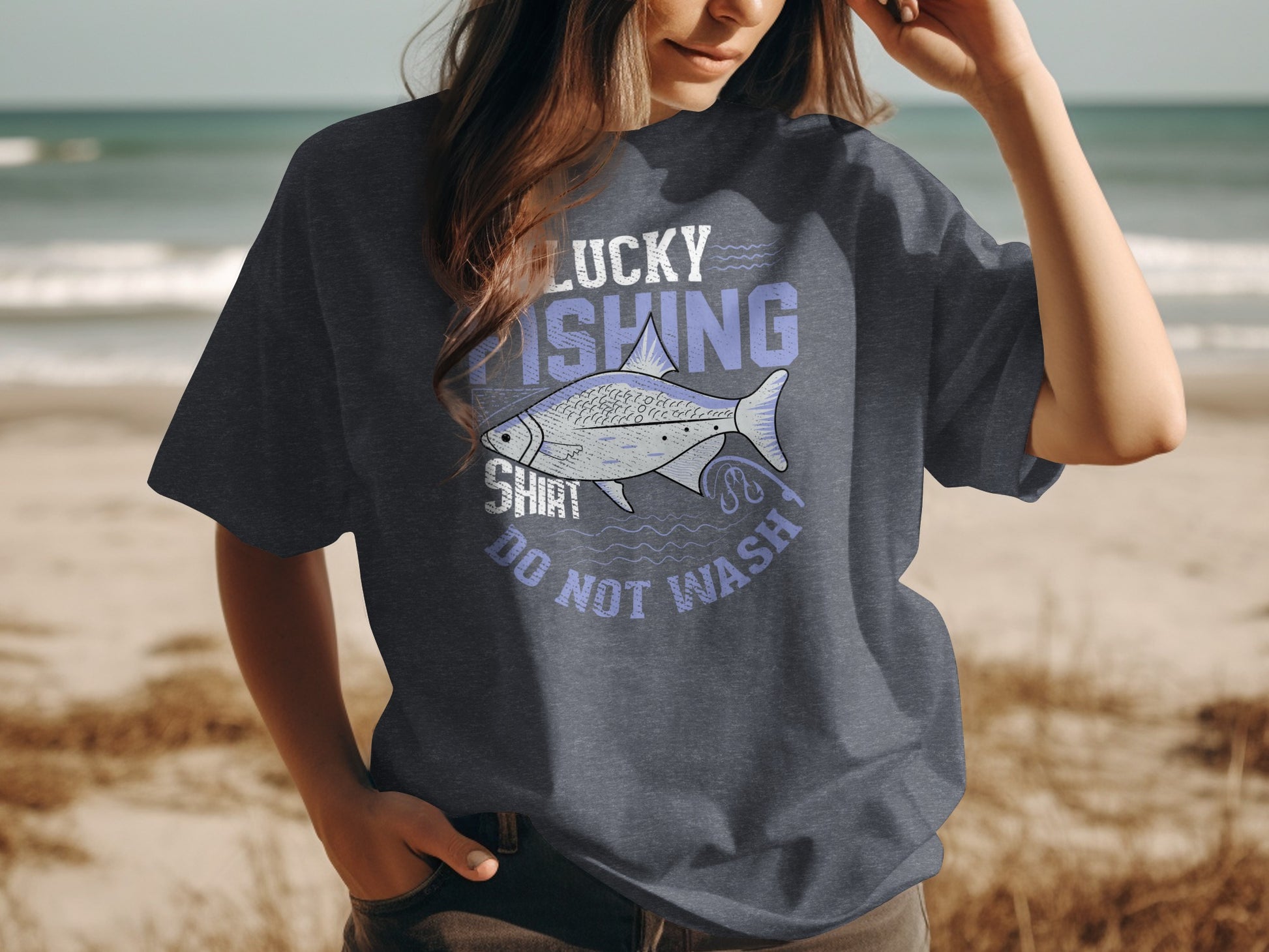 T-shirt with "Lucky Fishing Shirt Do Not Wash" text and fish graphic.