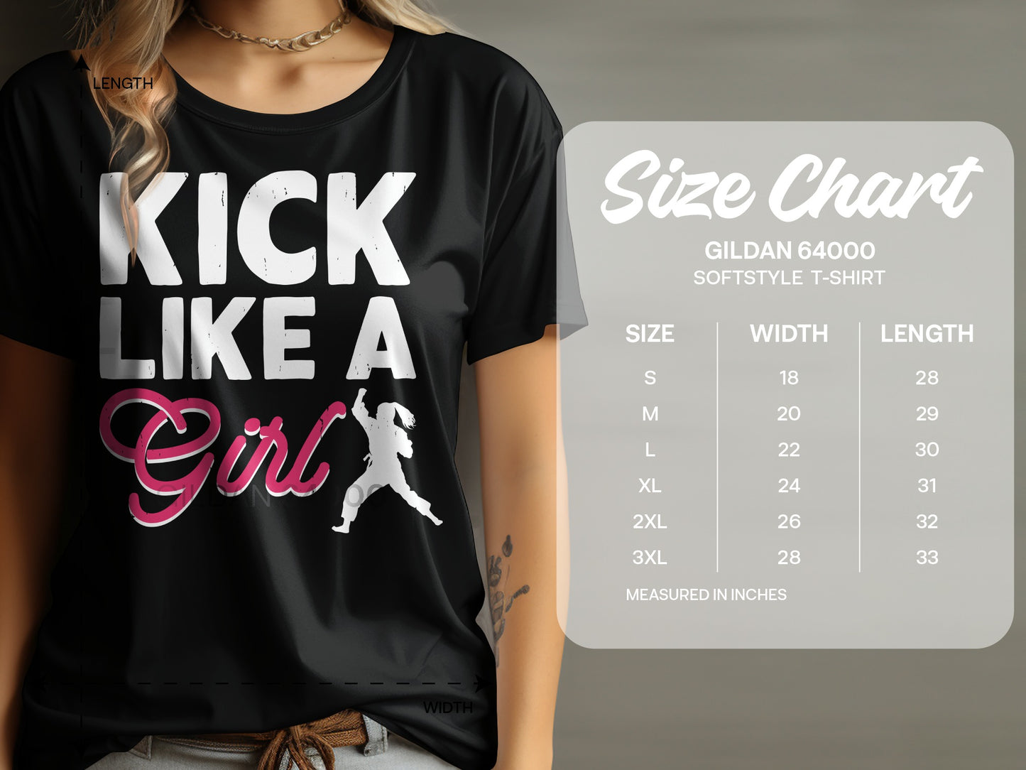 Black t-shirt with "KICK LIKE A Girl" graphic and a size chart.